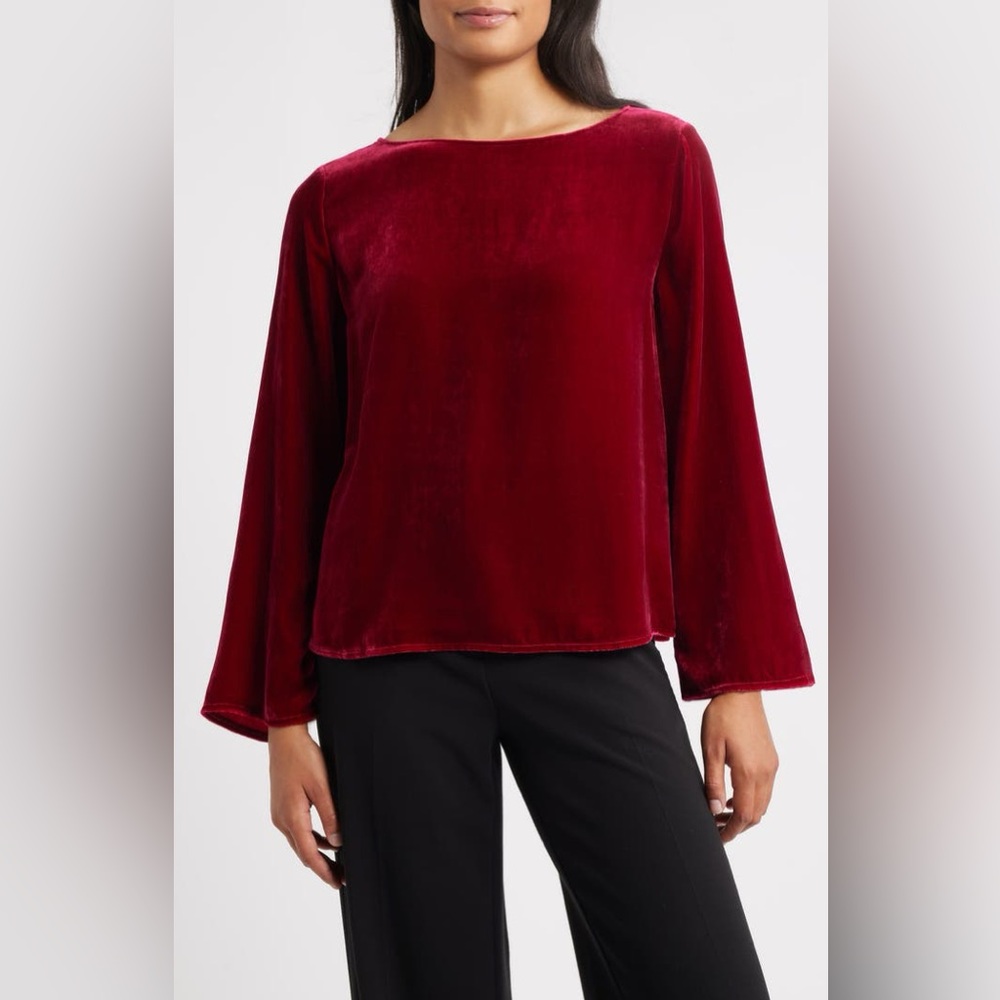 Eileen Fisher Red Velvet Ballet Neck Flare Sleeve Top Silk Blend NWT Size XXS